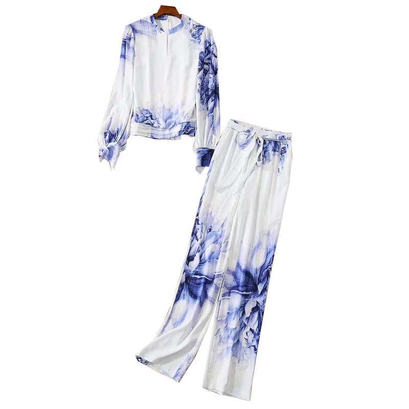 

JCHB 2021 Temperament women's dress autumn new round neck long sleeve casual top wide leg pants print suit