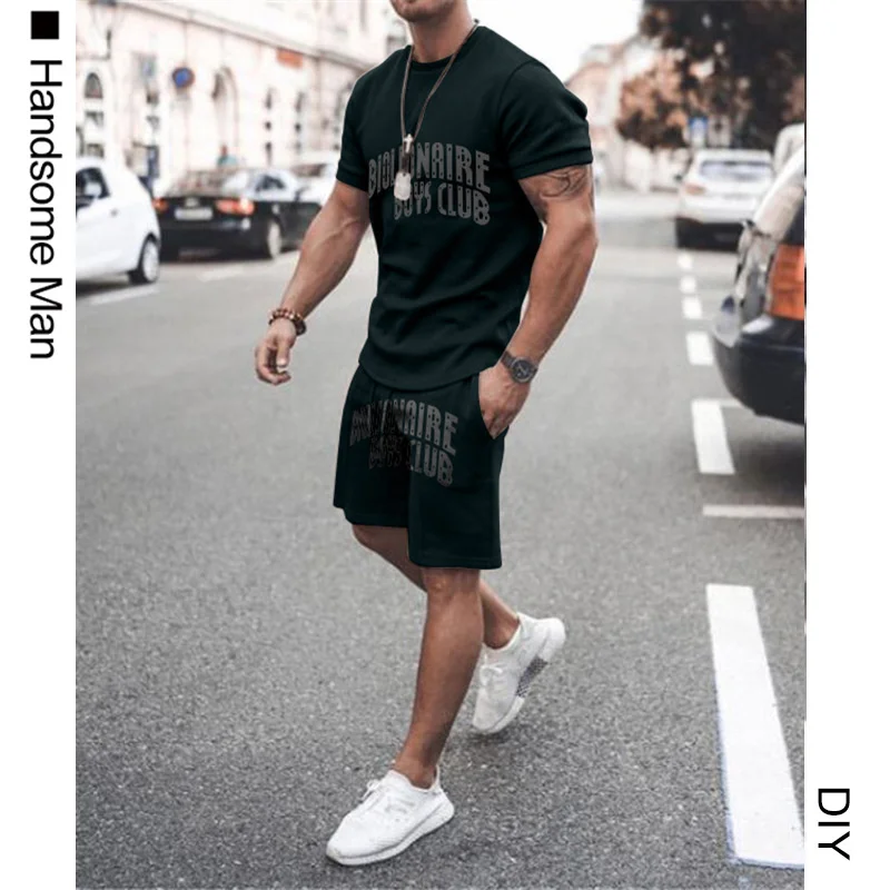 

Мужской комплект из 2 предметов, спортивная короткая футболка с надписью на бедрах и шорты, повседневный костюм оверсайз для мужчин, Новинка...