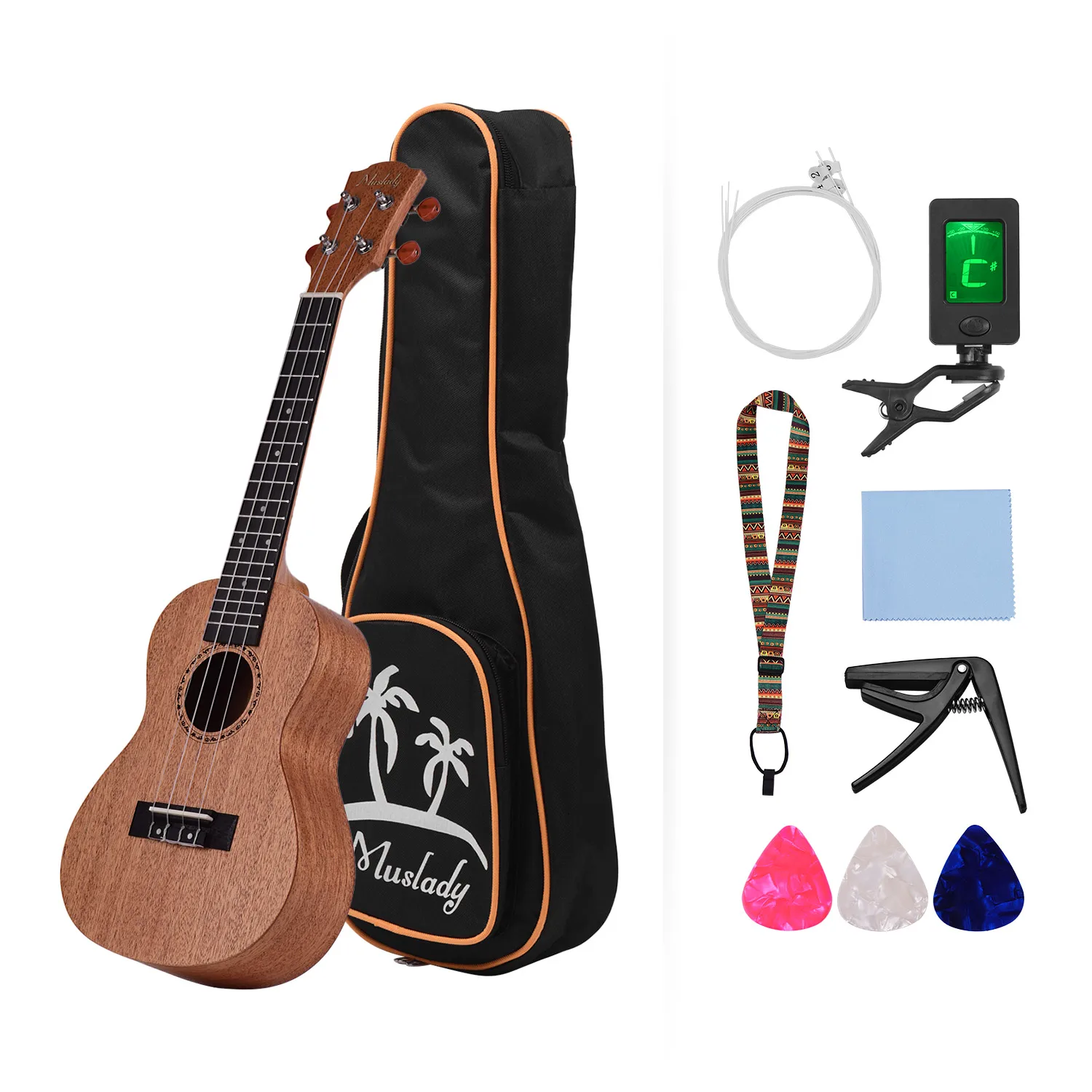 

21 Inch Soprano Ukulele Ukelele Mahogany Plywood with Carry Bag Uke Strap Strings Clip-on Tuner Cleaning Cloth Capo 3pcs Cellulo