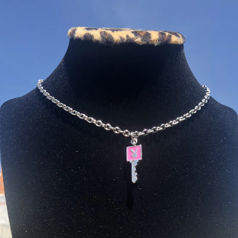 pink rabbit 1 piece Harajuku панк Крутые Девушки Кролик Ключ колье ожерелье женское из нержавеющей стали ожерелье с подвеской унисекс влюбленные хип-хоп ожерелья в готическом стиле - Окраска металла: pink rabbit 1 piece