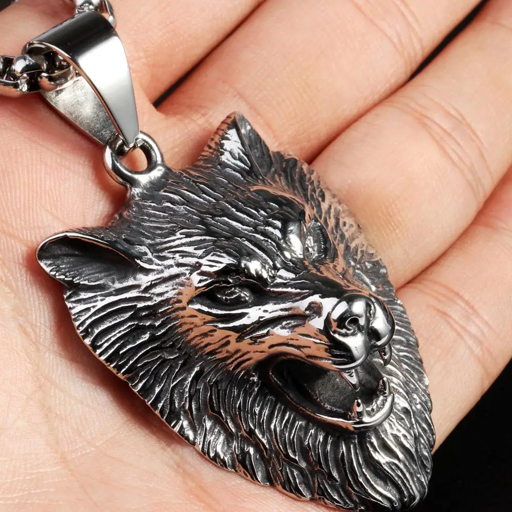 

Gothic Big Wolf Necklaces For Men Unique Stainless Steel Animal Wolf Pendant Long Necklace Rock Drop Shipping Jewelry