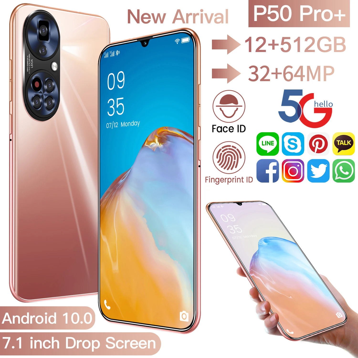 

Global Version P50 Pro+7.1 Inch MTK6598 Smartphone 12+512GB Andorid 10 Support Google GPS Dual SIM 5G 10 Core Network Cellphone