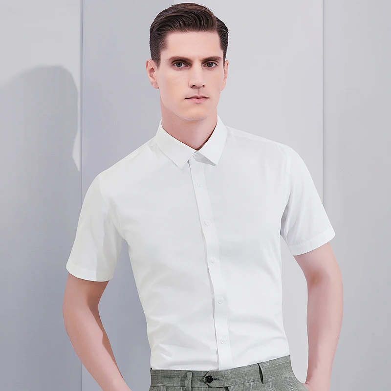 

Men's Summer Short Sleeve Solid Basic Dress Shirts Pocket-less Design High-quality Standard-fit Twill Casual Easy-care Shirt