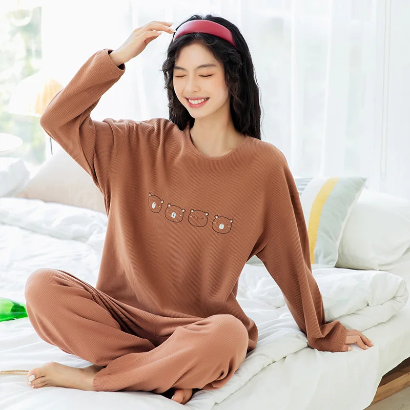 

Women's Sleep Lounge Pajamas Set Spring Autumn Long Sleeved Cartoon Print Sleepwear Cotton Like Home Clothes Nightwear Fashion