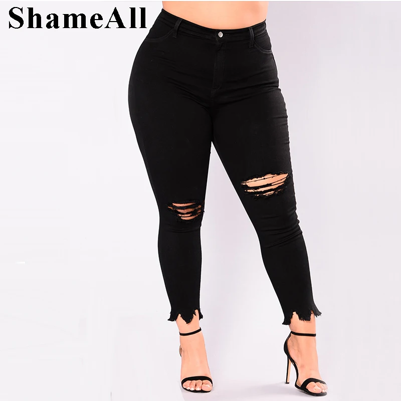 Рваные черные узкие Капри размера плюс с дырками летние джинсы карандаш 4Xl 5Xl 7Xl
