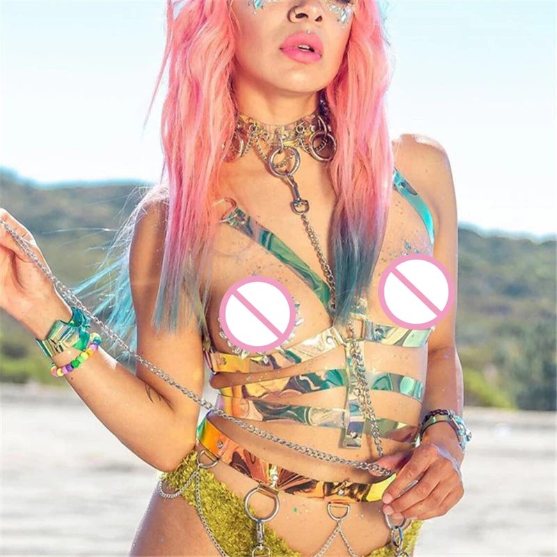 

Laser Faux Leather Garter Two Piece Sets Exaggerated Sexy Rivet Adjustable Body Harness Rave Festival Outfits For Lady