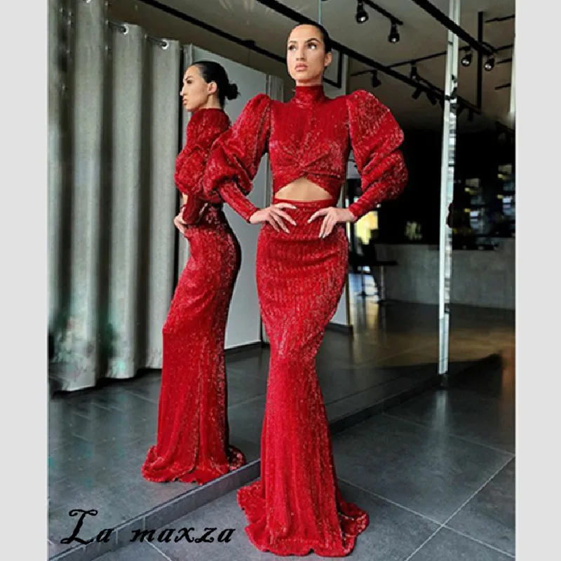 

Elegant Sexy Women Sequined Slim Dress 2020 Spring Lantern Sleeves Party Dress for Ladies