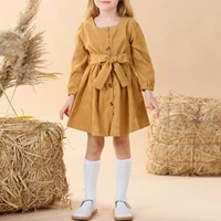 autumn baby girls casual dress toddlers square neck long lantern sleeve tie up high waist with belt solid color loose hem skirt