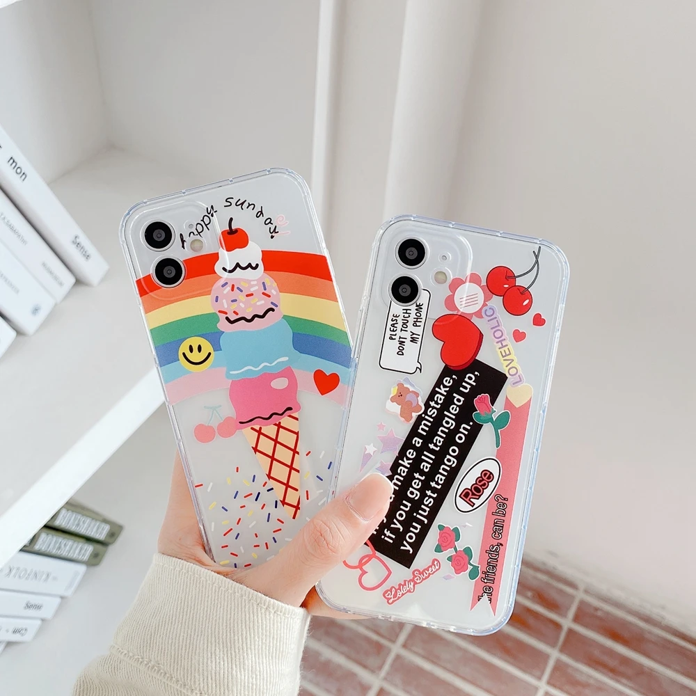 

Rainbow Ice Cream And Cherry Tags Transparent Silicone Case For iPhone 12 11 Pro Max 7 8 Plus XR XS SE 2020 Soft TPU Cover Funda