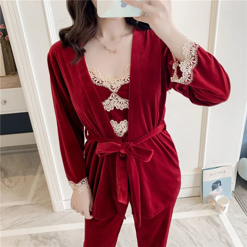 Пижама 3 в 1 Женская зеленая бархатная сексуальная черная ночная рубашка из трех