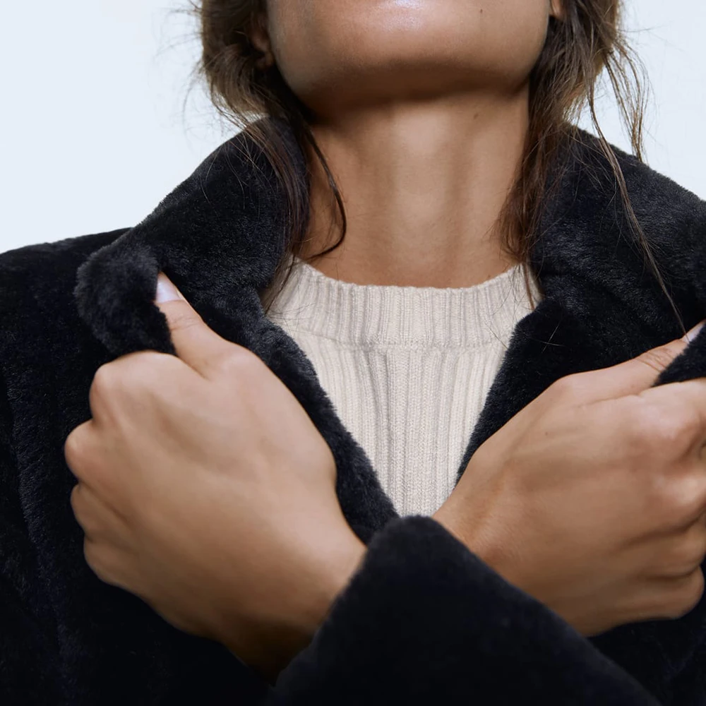 Женское пальто с воротником-стойкой ZA однотонное темно-синее на молнии длинными