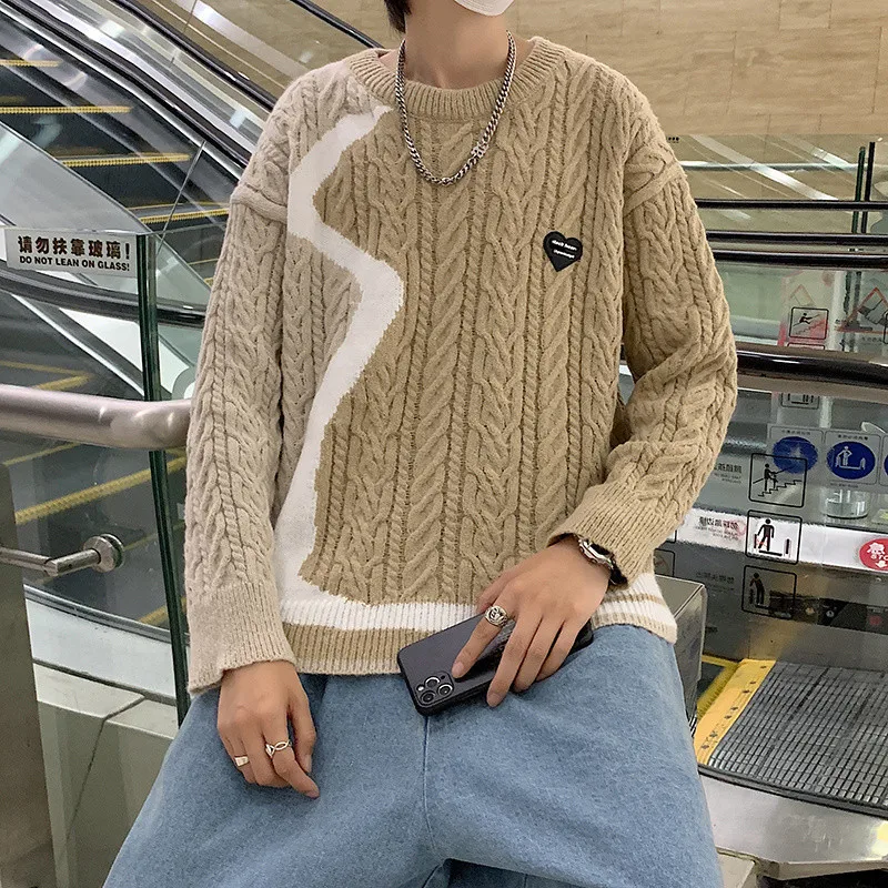 

Men's Sweater Spell Color Twist Sweater Male Autumn Winter Loose Vintage O-neck Harajuku Knit Ugly Sweater Warm Pullover Male