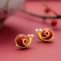 

New Original Handmade Ancient Gilding Little Snail Stud Earrings S925 Sterling Silver Natural South Red Agate Pearl Earrings for