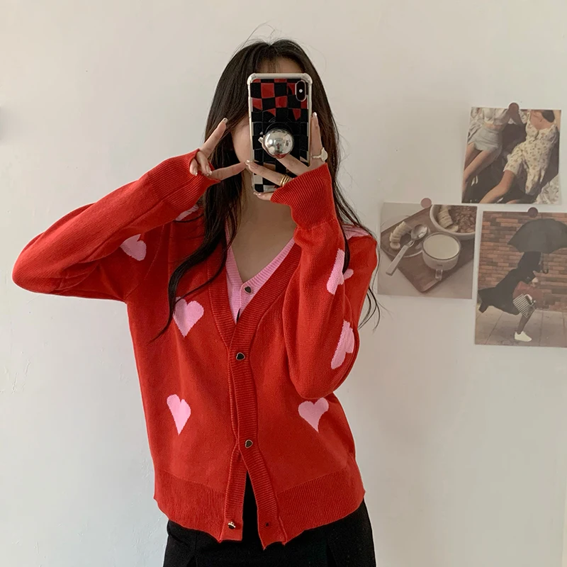 Woherb Love Heart Sweater Knitted Cardigan Women 2021 V Neck Splicing Long Sleeve Jackets Autumn Winter Sweet Female Cardigans |