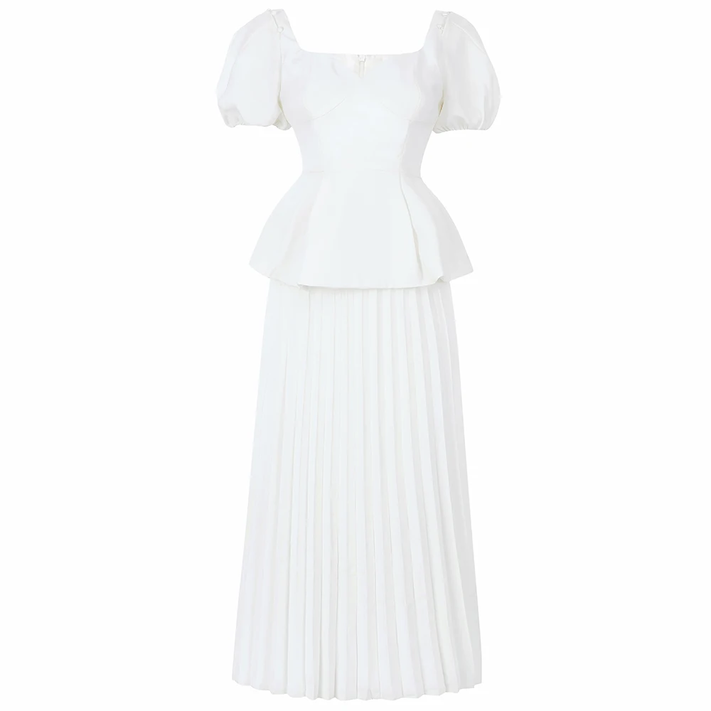 

High Quality White Sexy Slash Neck Short Sleeves Top And Fold Mid Dress High Street Sweet Two Piece Suit