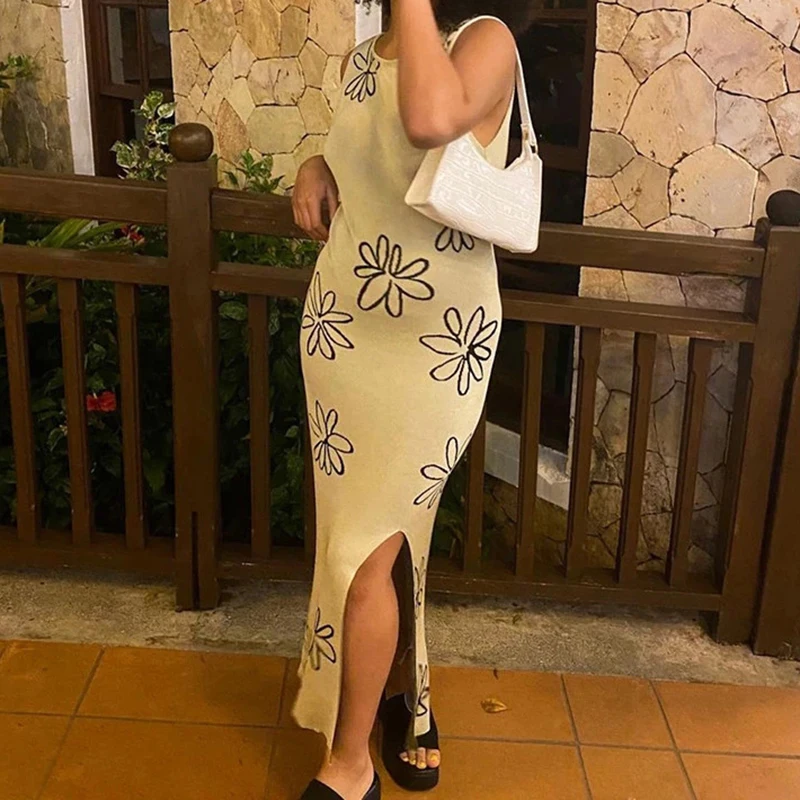 

Split 2021 Cut Out Backless Knitted Dress Women Bodycon Summer Floral Printed Sleeveless Y2K Beach Sexy Midi Party Dresses Tank