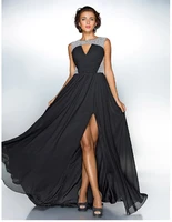 vintage celebrity style black formal evening dress jewel neck sleeveless sweep train chiffon sequin prom gowns vestidos de festa