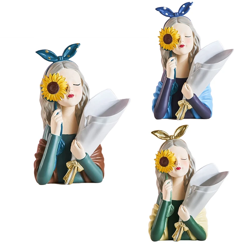 

Cute Resin Modern Girl Figurine Flower Vase Nordic Statues Home Decoration Accessories Kawaii Bedroom Ornaments