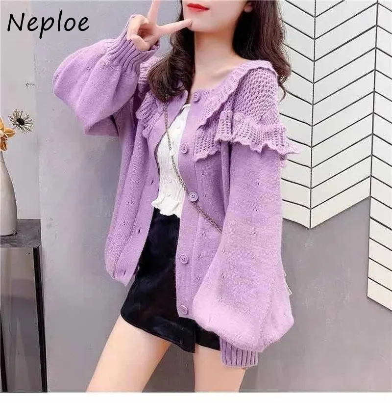 Женский вязаный кардиган Neploe свитер с рукавами-фонариками и круглым вырезом