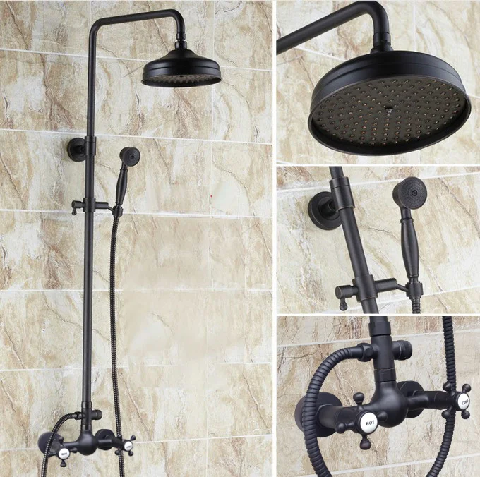 

Black oil Antique Brass Wall Mounted Rain Bathroom Rainfall Shower Faucet Set with Hand Held Spray Shower Head Mixer Tap 2rs497
