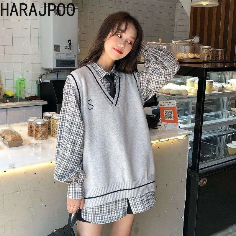 

Жилеты Harajpoo, Женский вязаный свитер, студенческий корейский стиль, весна-осень, свободная рубашка в клетку с галстуком и надписью, комплект ...