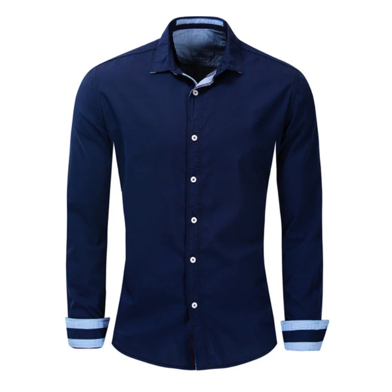 Мужская рубашка с длинными рукавами повседневная Однотонная из Хлопка Оксфорд
