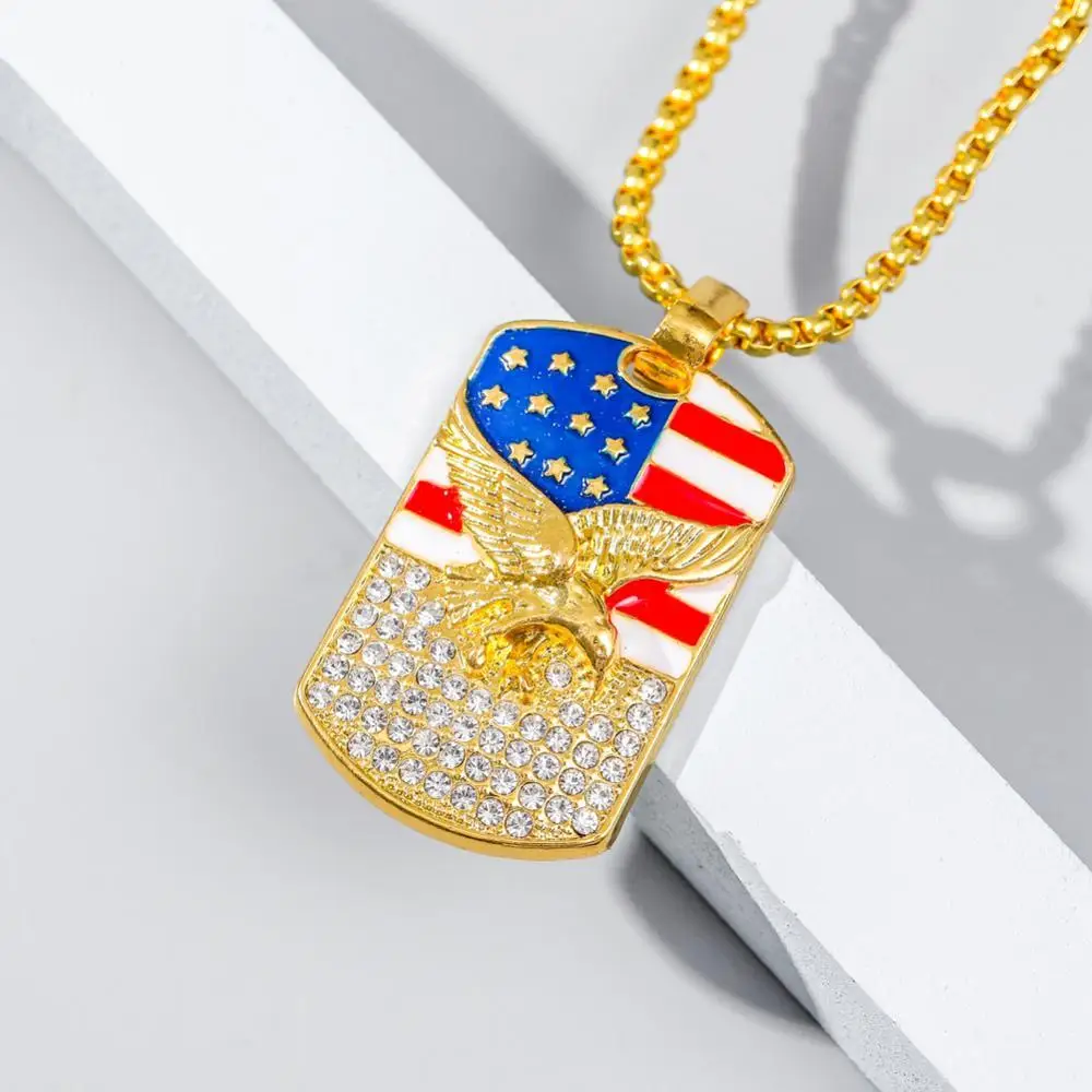 

Unisex Fashion Personality Punk Hip Hop American Flag Eagle Rhinestone Inlaid Pendant Chain Necklace Gift