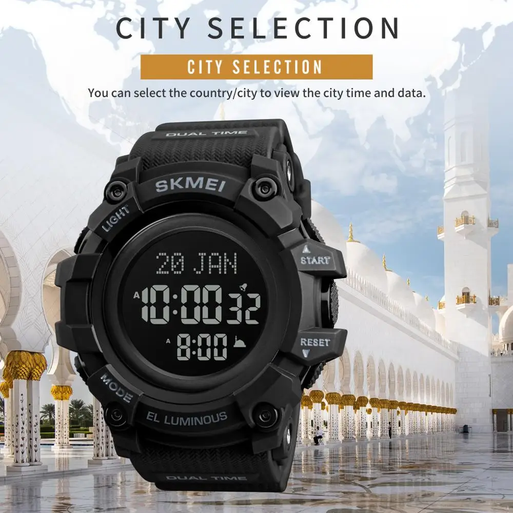 SKMEI мусульманские светодиодный часы Qibla напоминания времени Nmane дисплей Compass Relibious