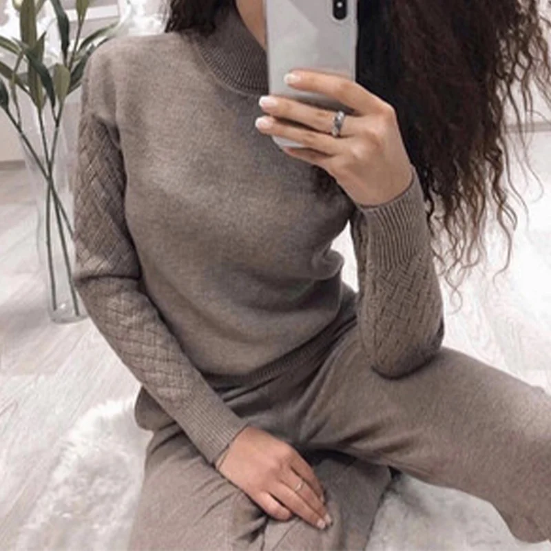 

Женский трикотажный спортивный костюм Turtlenck, Однотонный свитер, пуловер, повседневный толстый свитер с длинным рукавом и брюки, зимние женс...