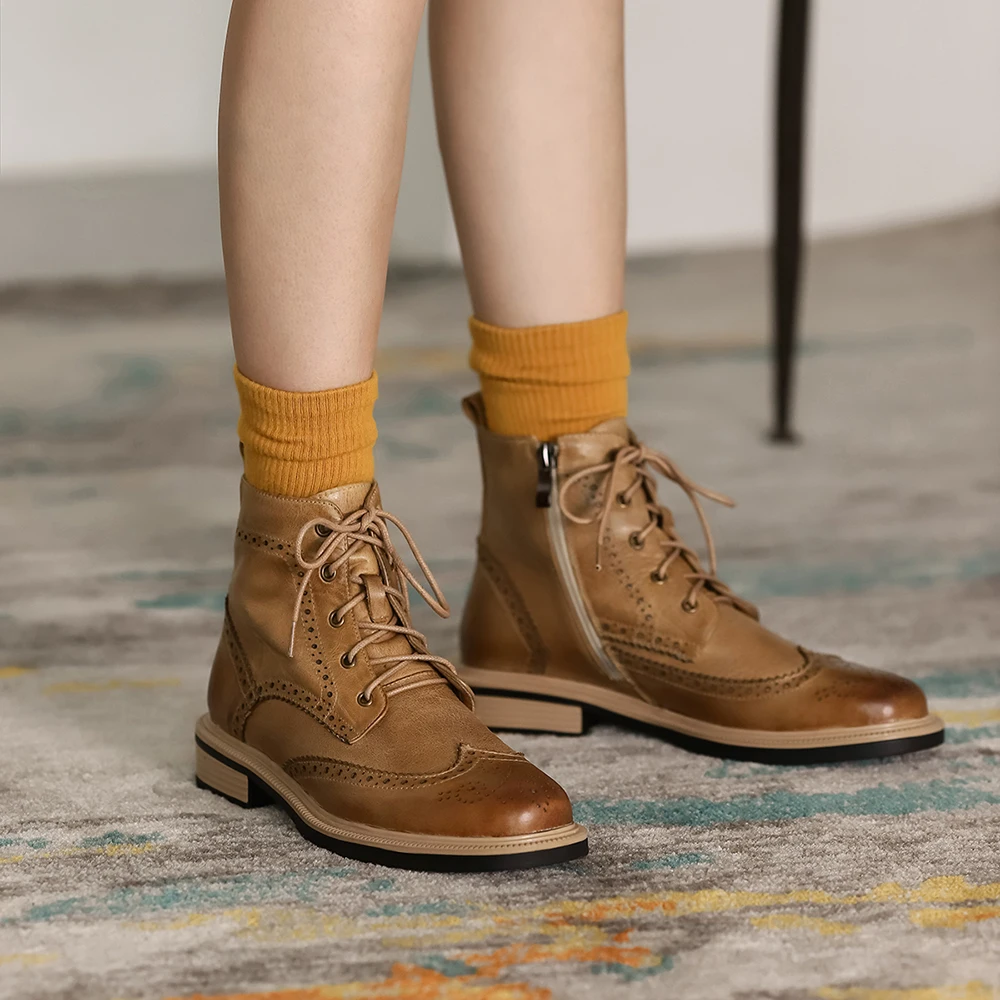Harga Tendang Renda Up Pergelangan Kaki Sepatu Bot Wanita Kulit Asli Musim Gugur Musim Dingin Klasik Inggris Sepatu Fashion Sepatu Wanita Flat Hitam Coklat 40