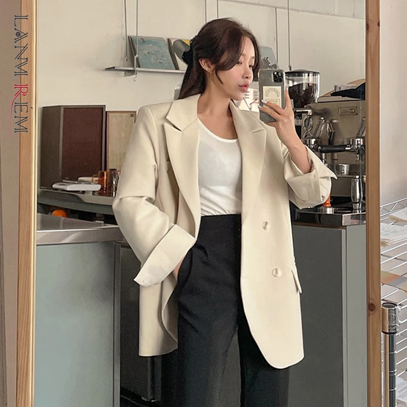 

LANMREM New Women Blazers White Casual Design Sense Lapel Long Sleeve Loose Fit Jacket Fashion Tide autumn winter 2021 2P9503