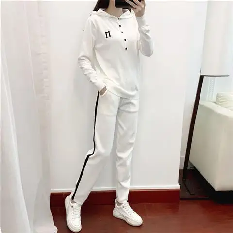 

Casual Knitted Sports Suit for Women 2021new Spring Casual Sweater Hooded Sportswear Fashion Two-Piece Suit