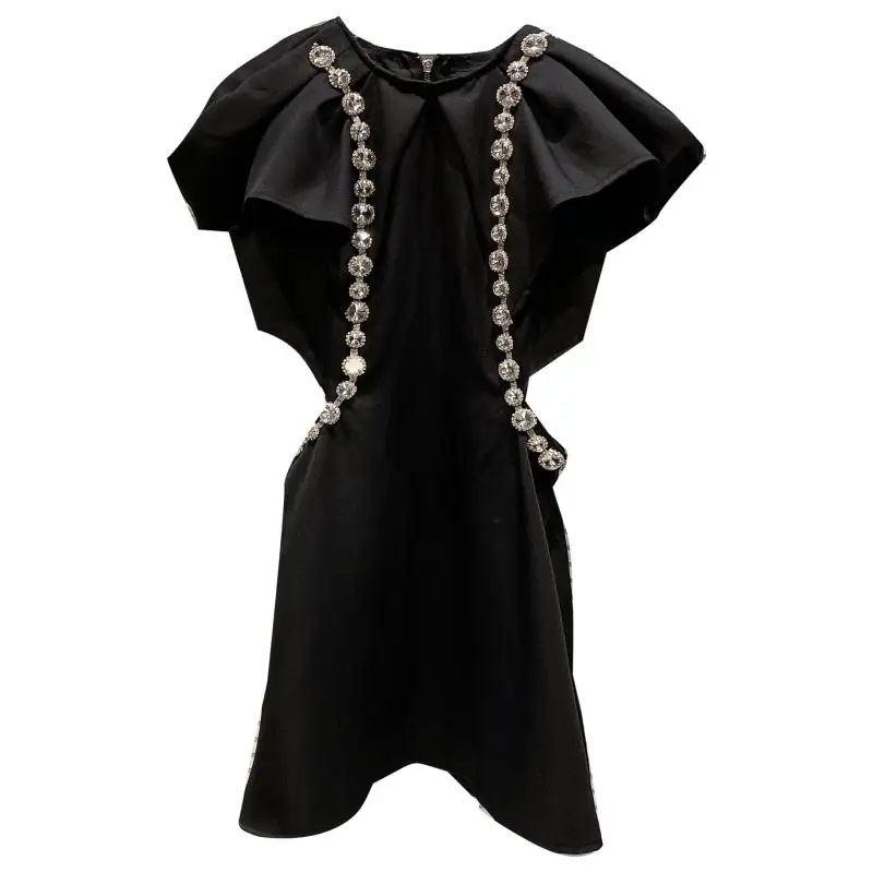 

2021 Summer New Large Particle Rhinestone Shawl Collar Midriff Outfit Hollow Slim Dress