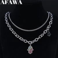 2pcs hip hop islam hamsa hand crystal stainless steel layer necklace silver color necklace menwomen jewelry chaine n4872s03