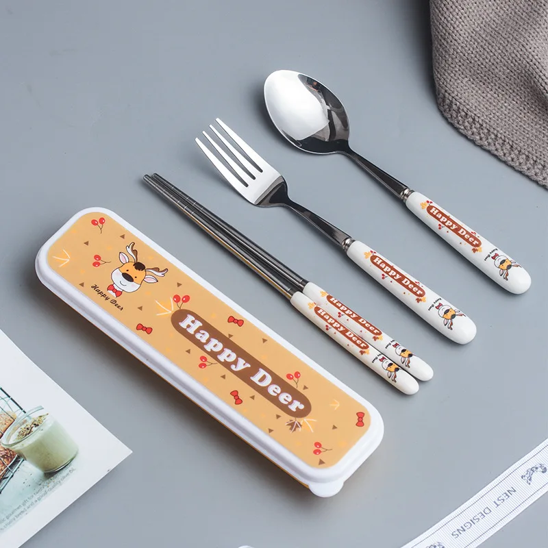 

3 Pcs/set Kids Feeding Spoon + Fork +chopsticks Cartoon Print High Quality ceramics Stainless Steel Baby Spoon Flatware