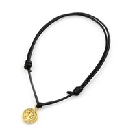20 pcs ancient gold alloy tone saint benedict round medal charms black wax rope good luck adjustable bracelets b 46