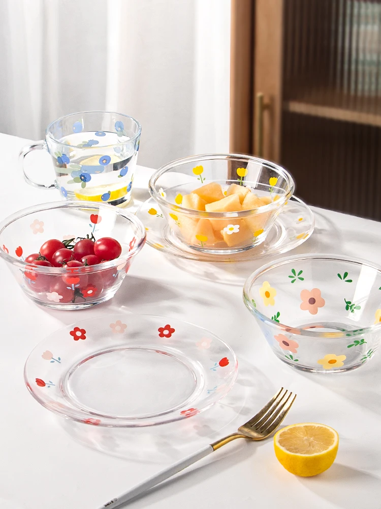 

BFE Transparent Glass Dinner Set Household Dessert Salad Bowl Cute Steak Pasta Plate Rice Soup Bowl INS Dinnerware