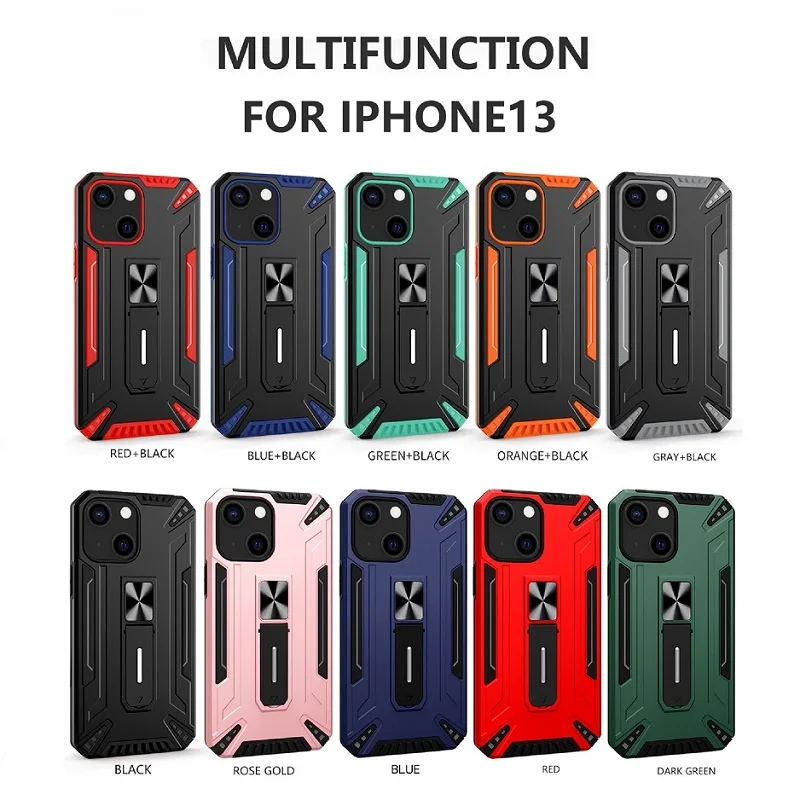 

For iPhone 13 12 11 Pro Max Mini Mechanical Armor Style Phone Case TPU+PC Back Cover With Magnetic Bracket Accessories