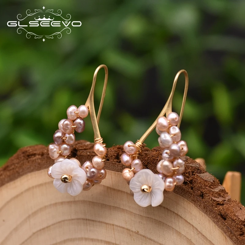 

GLSEEVO Natural Purple Small Pearl Drop Earrings For Women Luxury Jewelry Fashion Flower Shape Handmade Korean Earrings GE0987