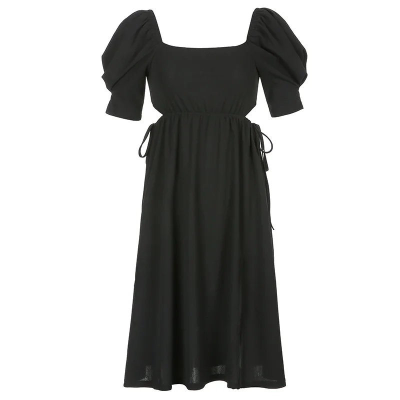 

Elegant Square Collar Puff Sleeve French Women Dress Lace Up High Waist Hollow Out Dresses Splite Sexy Black Dress Vestidos 2021