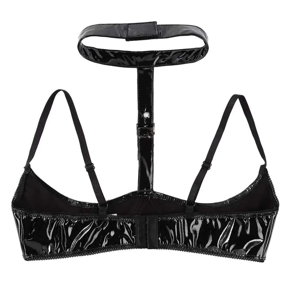 Hot Sexy Women Wet Look Patent Leather Lingerie Halter Adjustable Spaghetti Straps Open Half Cups Wire-free Erotic Bra | Тематическая
