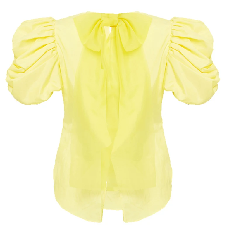 

VGH Yellow Patchwork Bowknot Shirts For Women O Neck Puff Short Sleeve Ruched Slim Casual Blouses Female 2021 Summer Fashion New