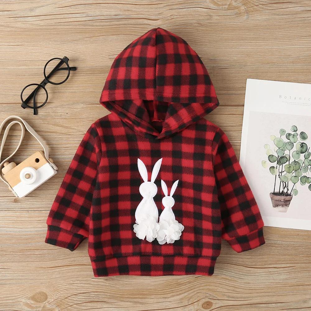 

2021 New Arrivals Winter Children Casual Long Sleeve Hooded Red Plaid Print Rabbit Flowers Baby Girl T-shirt 0-2T