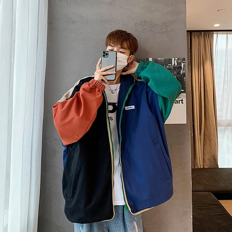 

Hip Hop Double-sided Jacket Men Color Block Street Coat Male Stand Collar Spring Autumn Casual Japanese Harajuku Jacket Couple