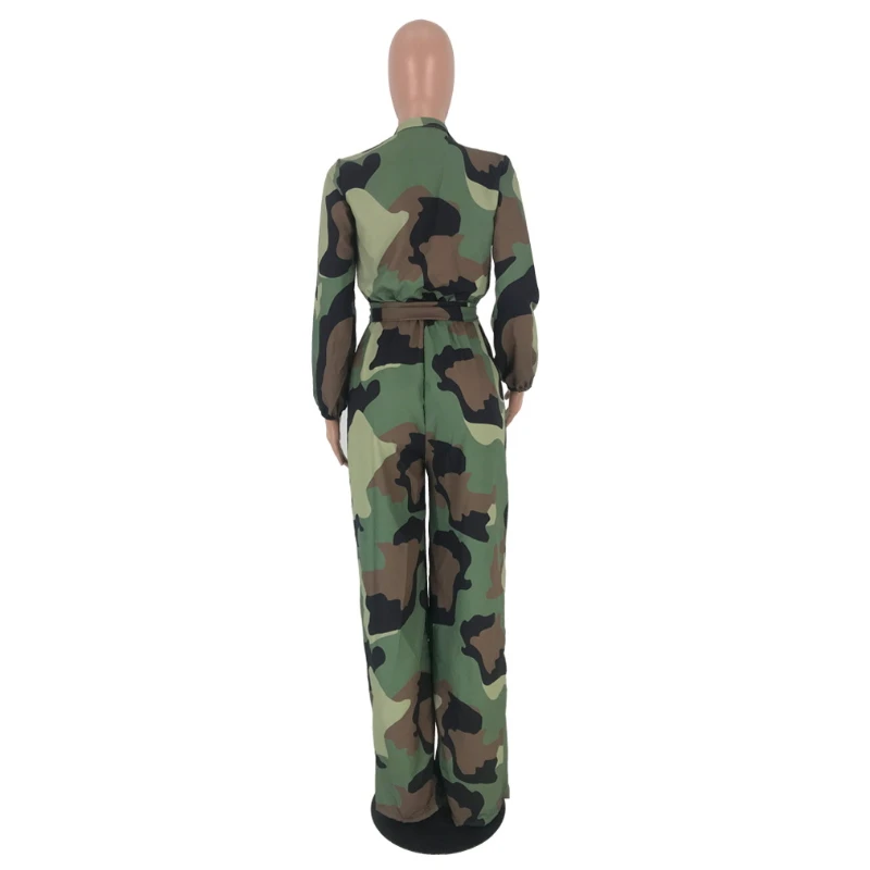 2019 Autumn Camouflage Printed Jumpsuits And Rompers For Women Loose With Sashes Palazzo Pants Bib Overalls Sexy Casual Pockets | Женская