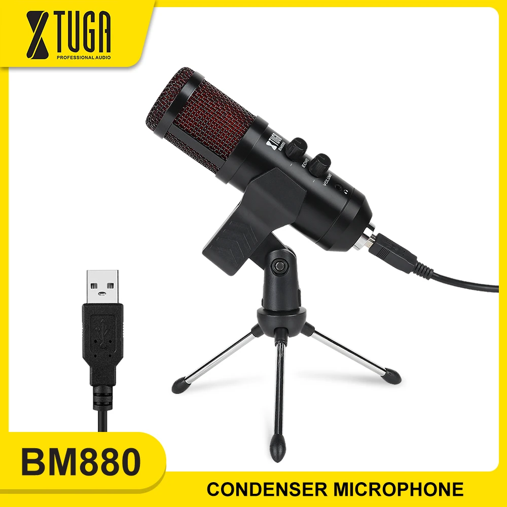 XTUGA USB конденсаторный микрофон для подкастов Встроенный монитор и эхо эффект Vlog