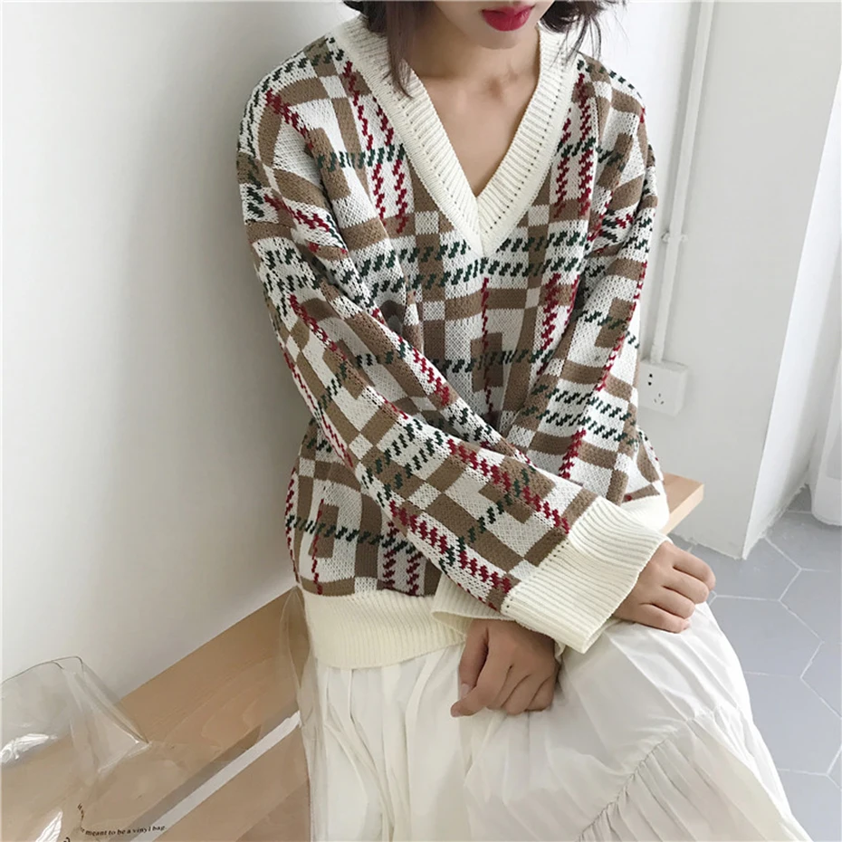 Винтажный осенне-зимний Пуловер New Prep свитер с V-образным вырезом и длинным