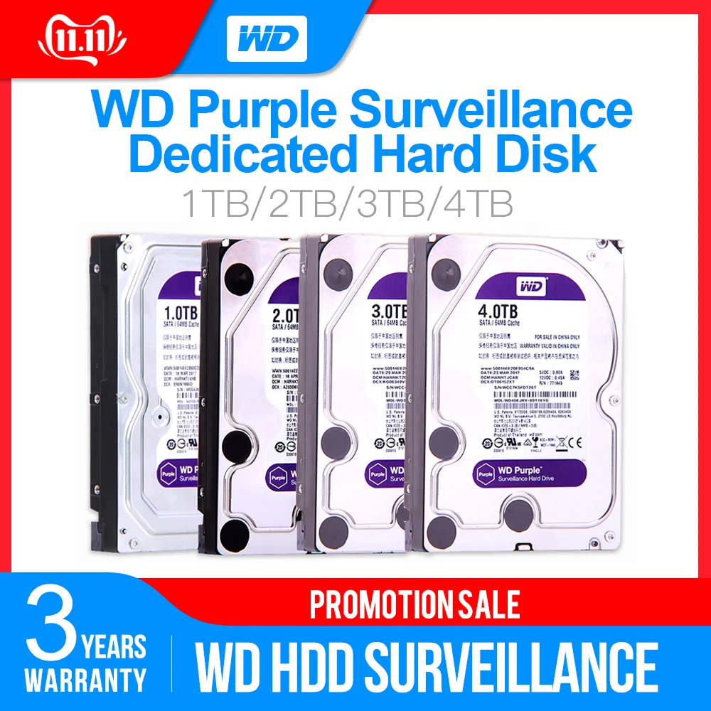 Жесткий диск Western Digital WD фиолетовый HDD для наблюдения 1 ТБ 2 ТБ 3 ТБ 4 ТБ SATA 6,0 ГБ/сек. 3," жесткий диск для видеонаблюдения Камера AHD DVR IP NVR