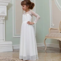 a line simple girl dress for party wedding 2021 lace appliques o neck floor length chiffon full sleeve design elegant hot sale