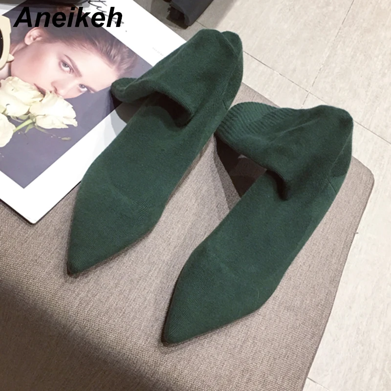 Green Aneikeh/ г. Весенняя модная обувь из эластичной ткани женские ботильоны обувь на тонком каблуке пикантные ботинки с острым носком без застежки однотонные Вечерние - Цвет: Green